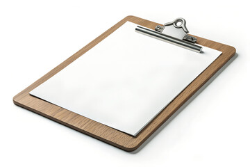 A wooden clipboard with a blank white sheet of paper attached to it on a white background