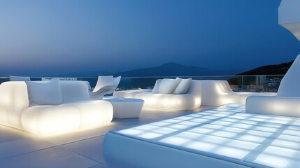 Fototapeta premium Serene Twilight Terrace: Illuminated Outdoor Lounge