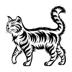 Stylized Cat Walking Black Silhouette Detailed Striped Pattern Isolated on White