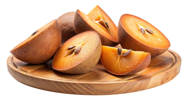 Fresh sapodilla fruit cut into sections on a wooden serving tray