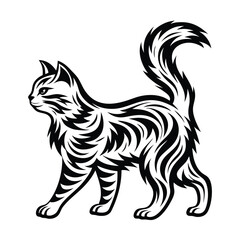 Stylized Cat Black and White Feline Walking, Silhouette Design, Isolated Art