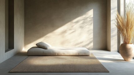 Beige and Brown Patterned Rug in Minimalist Room