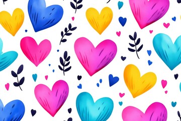 Watercolor Heart Pattern with Leaves and Splashes - Colorful watercolor hearts, leaves, and splashes create a vibrant, romantic, and joyful pattern, symbolizing love, nature, happiness, spring