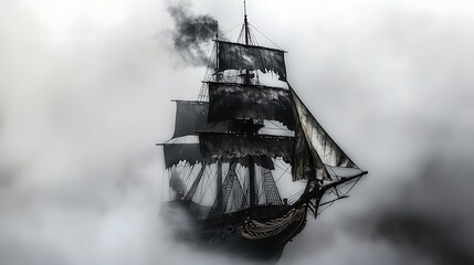 Mysterious black sailing ship in fog.