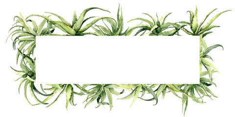 Watercolor aloe vera frame with green leaves and cut pieces