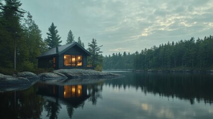 Fototapeta premium Dark Cabin by Tranquil Lake at Dusk