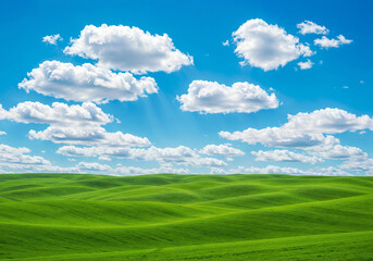 Fototapeta premium abstract minimalism background with natural landscape of green hills and clouds . Generative AI