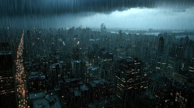NYC Cityscape Rainstorm Aerial View