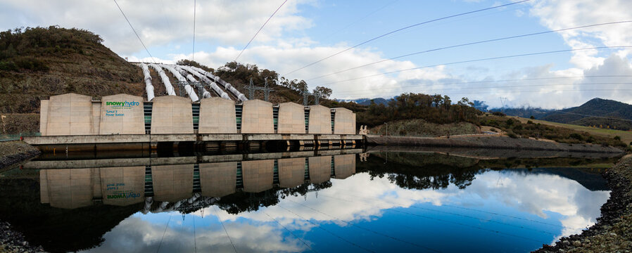 Tumut 3 power station reflected in water, part of the snowy hydro electric scheme
