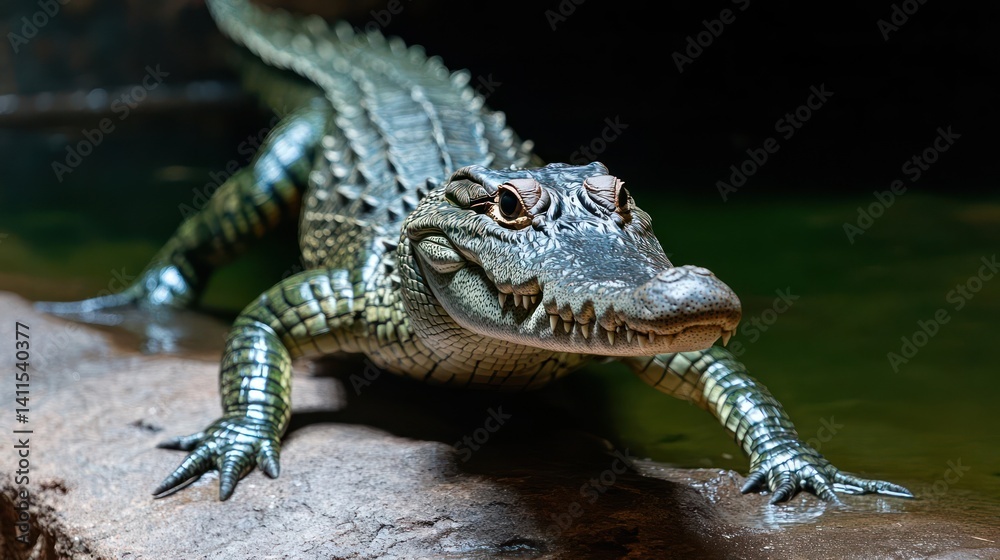 Poster close up shot of a juvenile alligator walking on a rock surface near water. the alligator has dark g
