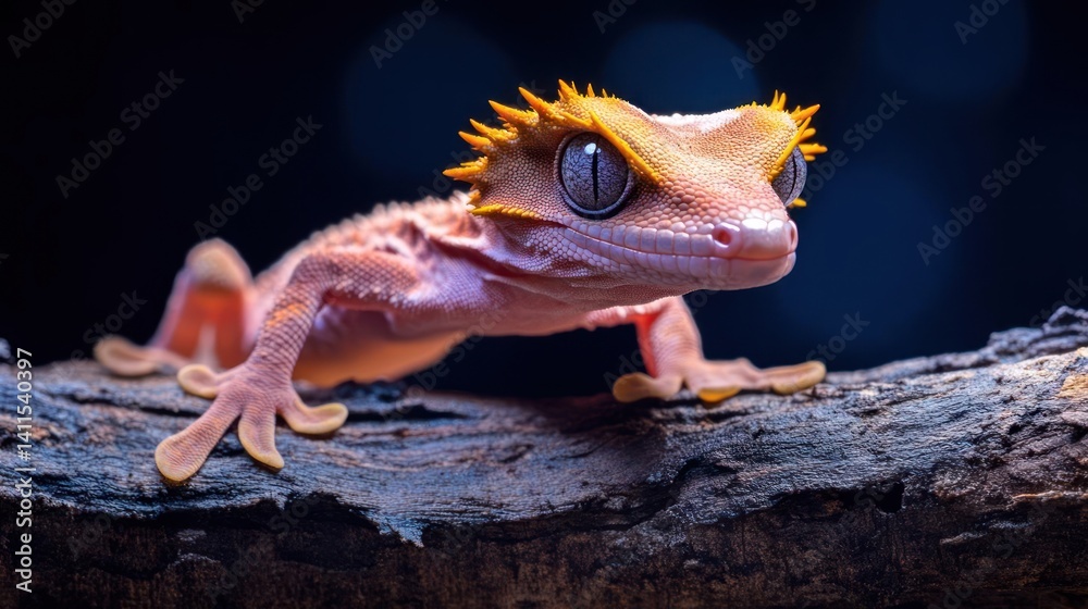 Poster detailed close-up of a crested gecko with light orange coloration and unique crown-like scales, perc