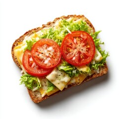 Open sandwich with tomato and lettuce on white background