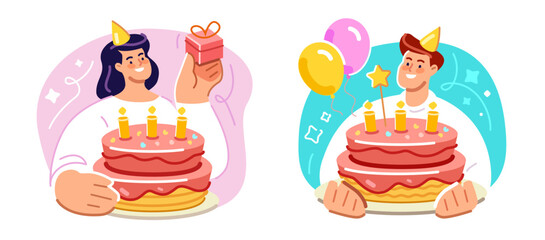 Young woman celebrating birthday or anniversary. Happy man holding cake with candles at party