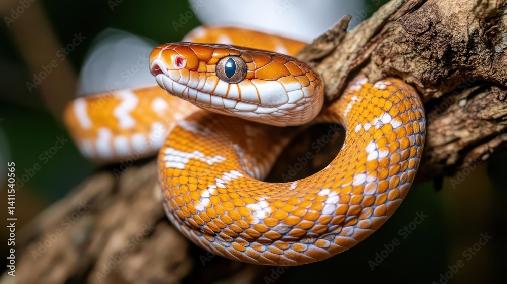 Poster A close-up shot captures an orange snake, coiled around a branch, showcasing its white patterned scales and piercing eye. The background is softly blurred, emphasizing the snake's texture and color