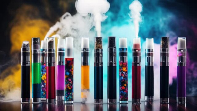 A row of colorful vape bottles with a blue background. The bottles are lined up and some of them are smoking