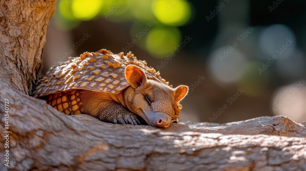 Poster a close-up shot of a small, golden-brown armadillo nestled on a tree branch. the animal is positione