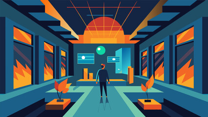 A virtual walkthrough of a building showing the realtime effects of natural light and heat on the space through data simulations.. Vector illustration