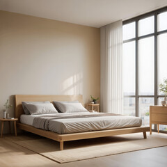 Modern Minimalist Bedroom with Natural Light and Wooden Furniture – Cozy Scandinavian Interior Design for Serene Living