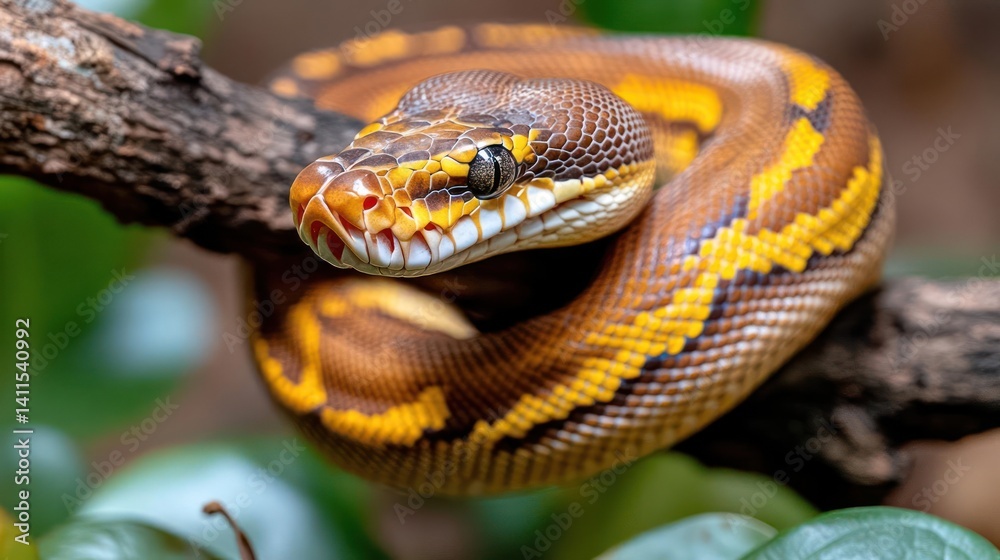 Aufkleber a close-up shot captures a brown and yellow snake coiled on a branch, set against a backdrop of verd