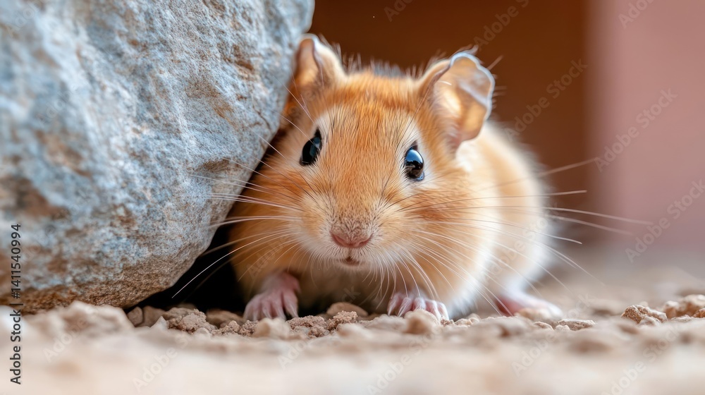 Poster close-up shot of a brown mouse near a rock with its paws visible. the background is blurred, bringin