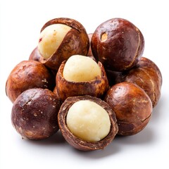 Obraz premium Pile of macadamia nuts close up on white background