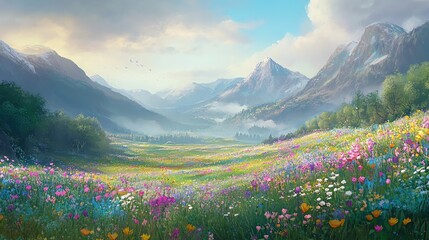 Vibrant Wildflower Meadow in Mountain Valley with Hazy Atmospheric Perspective