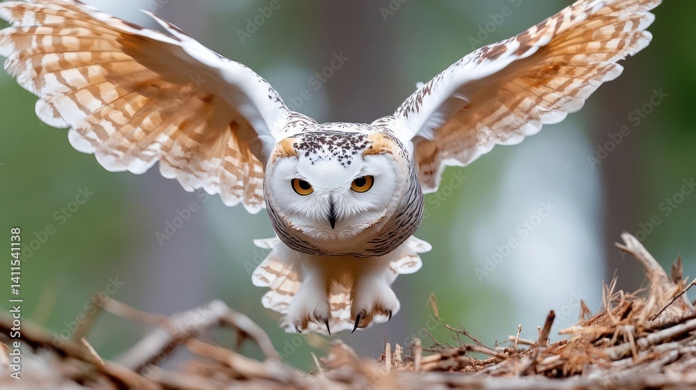 Poster close-up of a snowy owl in mid-flight, its wings spread wide showing their distinct brown and white 