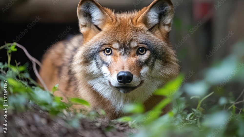 Poster a close up of a red wolf facing forward in an outdoor environment. the wolf is surrounded by green f