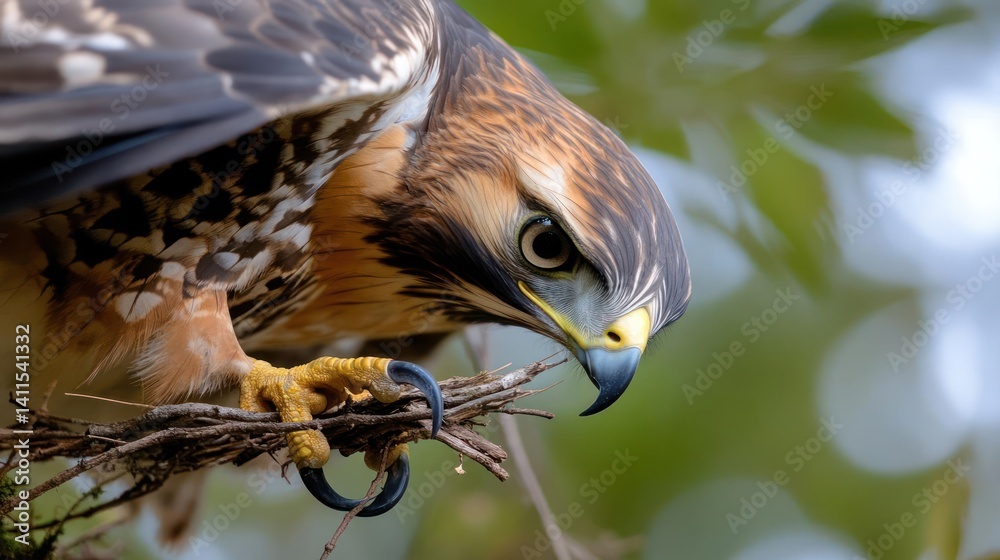 Aufkleber close up of a hawk perched on a branch, showcasing its sharp talons and intense gaze. the bird's fea