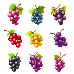 A vibrant assortment of colorful grapes arranged in a grid, showcasing different varieties