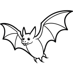 Outlined Bat with Spread Wings, Cute and Cartoonish style, Black on White
