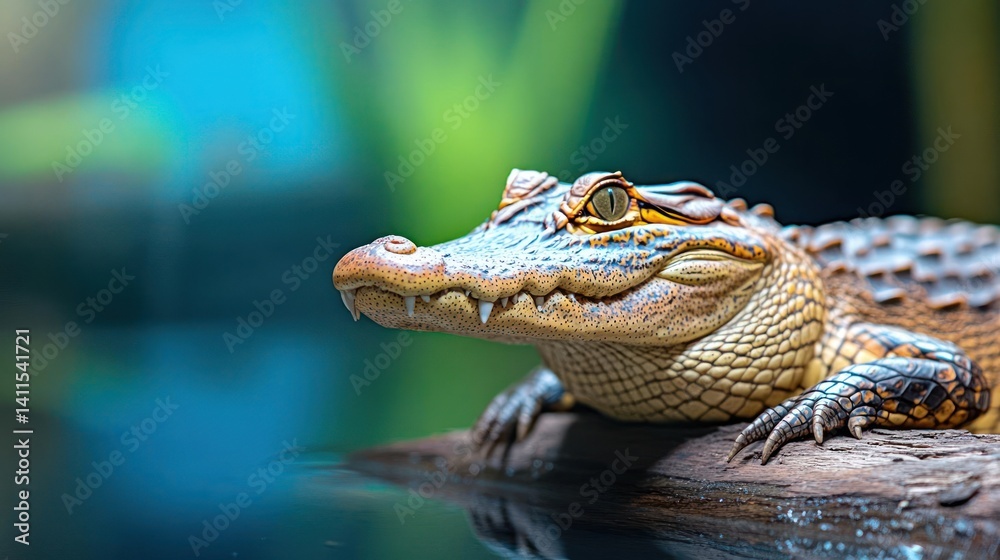 Poster close up shot of a small brown caiman sitting on a log. the reptile has textured scales and reflecti