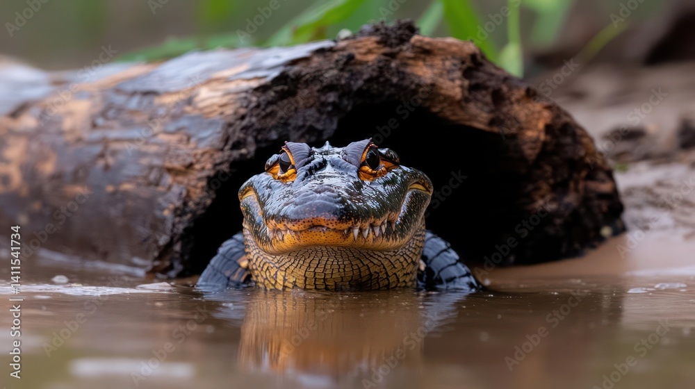 Aufkleber a close-up of a dwarf caiman submerged in muddy water, peering out from beneath a dark, decaying log
