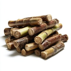 Pile of sugar cane stalks isolated on white background