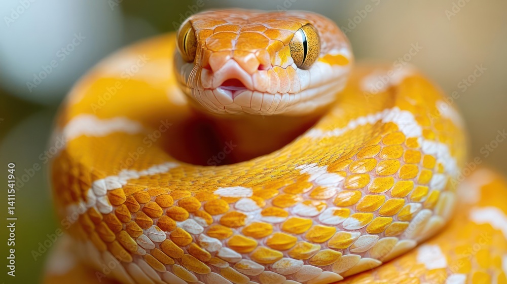 Poster close-up studio shot of a vibrant orange snake with white markings, coiled tightly, its head raised 