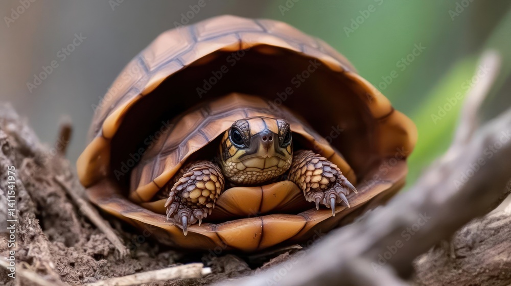Aufkleber A close-up shot of a brown turtle with its shell and head in focus, set against a blurred green and gray background. The turtle has a textured shell and detailed face, highlighting its features