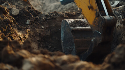 Excavator digging a trench for plumbing installation at a site. Featuring excavation and trench digging