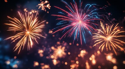 Fototapeta premium Fireworks in the night sky. Fireworks explode in the sky at night. A generative ai showing lighting. Pyrotechnics illuminating the nighttime sky lifestyle.