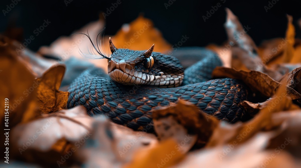 Poster close-up shot of a horned viper coiled among autumn leaves. the snake's scales exhibit intricate pat