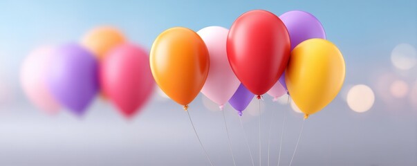 A vibrant cluster of colorful balloons floats against a soft, blurred background, creating a festive and joyful atmosphere.