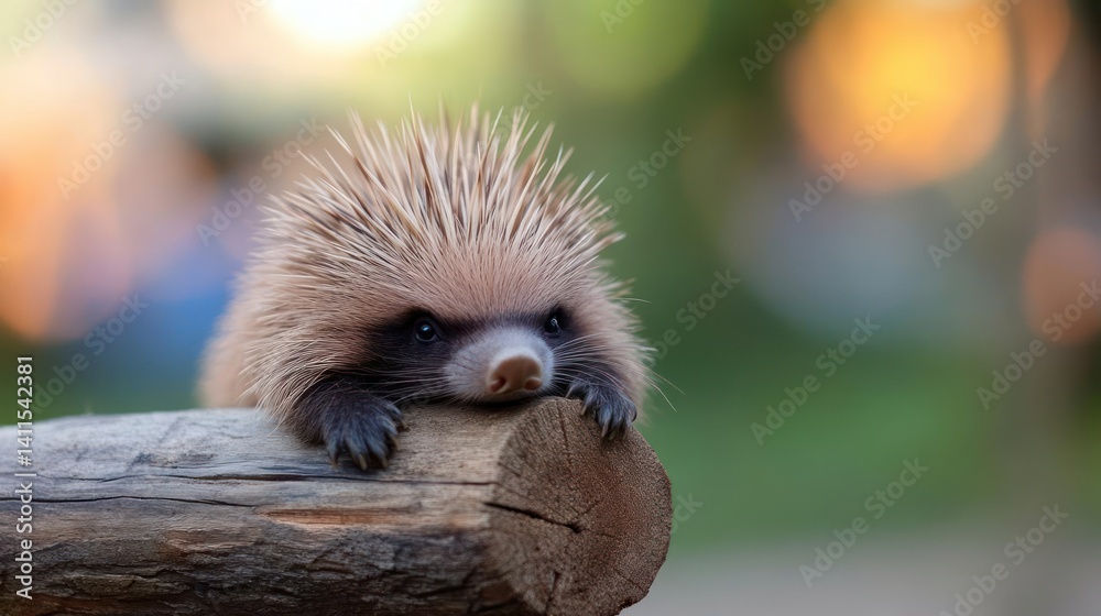 Poster a close-up captures a spiky brown hedgehog perched on a weathered log, its tiny paws gripping the wo