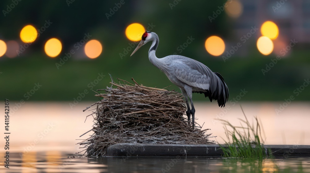 Poster a majestic sandhill crane stands atop a nest of twigs and branches, set against a blurred bokeh back