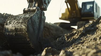 Excavator digging a trench for utility installation. Featuring excavation and trenching