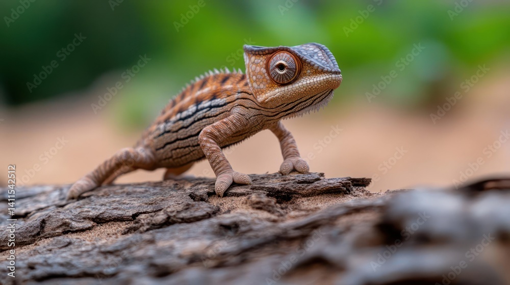 Aufkleber a close-up shot captures a small, vibrant chameleon perched on a rough, textured tree branch, showca