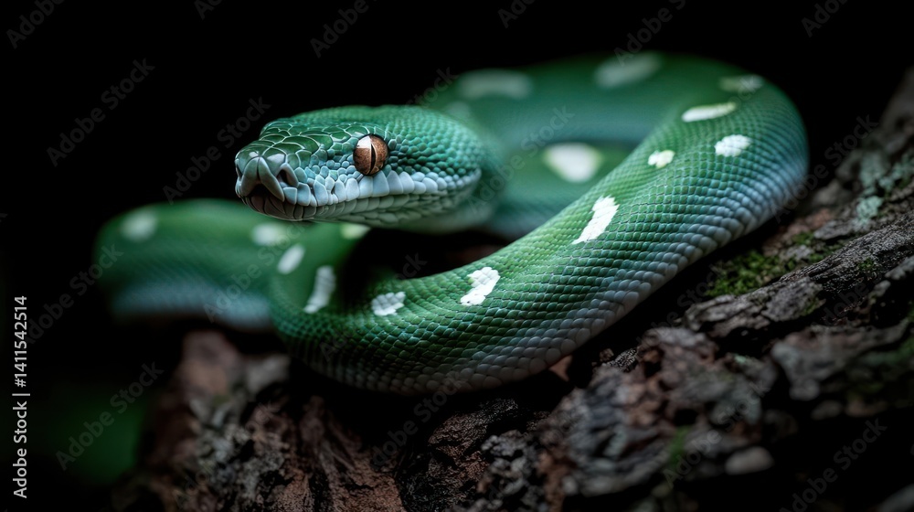 Poster close-up shot of a green tree python coiled on a tree branch, showcasing its vibrant green scales an