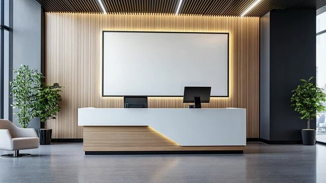 Contemporary reception area with minimalist design and blank screen for customization