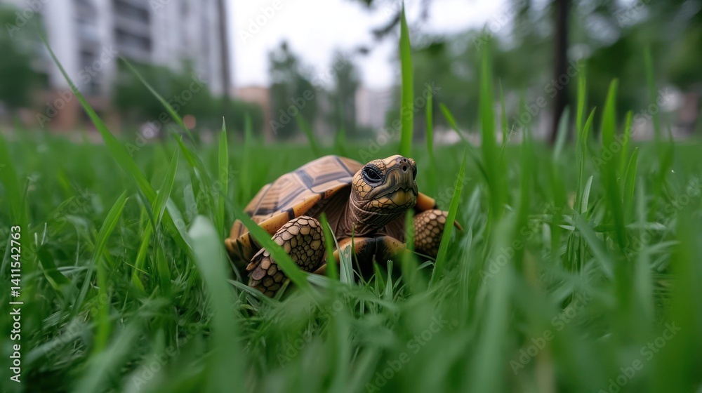 Poster low-angle shot of a tortoise resting in lush green grass, with blurred buildings visible in the back