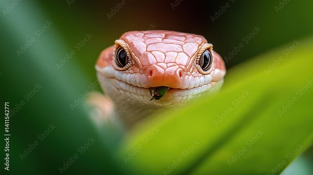 Poster Close up shot of a orange skink peeking out from green leaves. The scales on its head are visible and its small, dark eyes are focused directly at the camera, creating a captivating wildlife