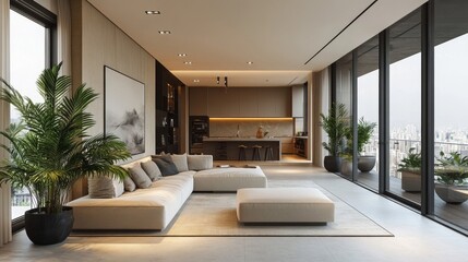 Modern Beige Apartment Interior with City View