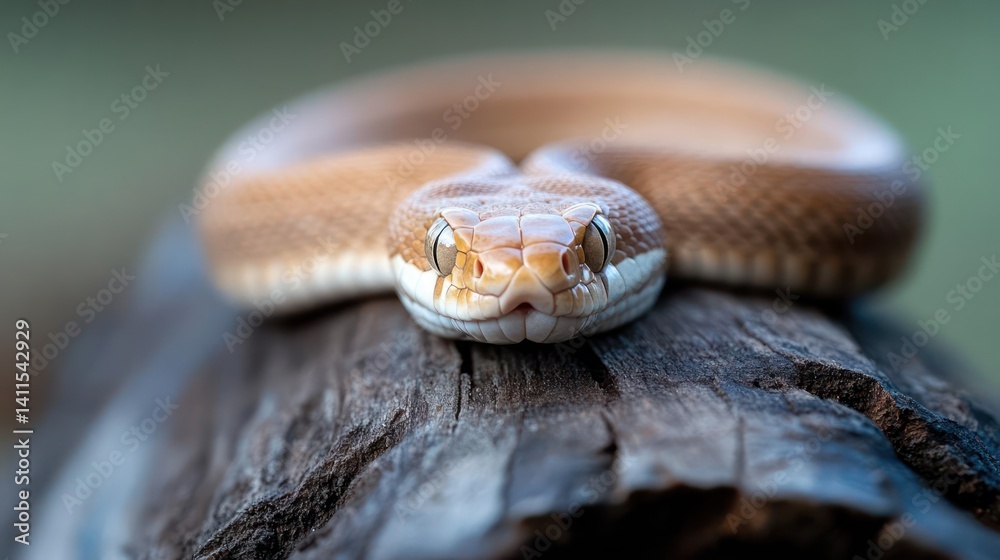Poster a close-up shot focuses on a tan snake coiled on a weathered log, its face sharply in focus. the bac